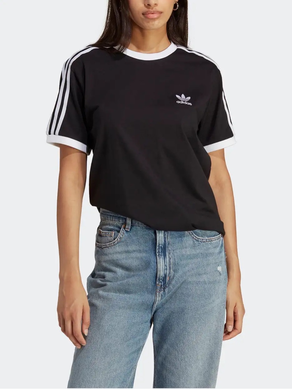 adidas Black Short-Sleeve Trefoil Ringer Tee with White Trim